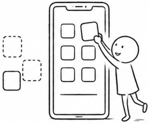スマートフォンのアプリを組み立てる人のイラスト